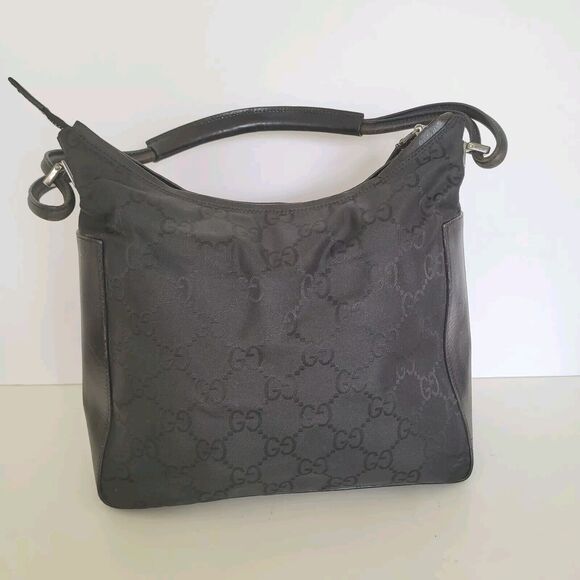 GUCCI GG Monogram Black Shoulder Bag Handbag Nylon Leather Trim Medium Zip Logo - Picture 2 of 13